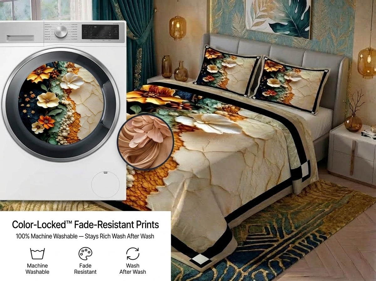 7D Golden Bloom Fusion 280-TC Premium Bedsheet (Golden-Cream)