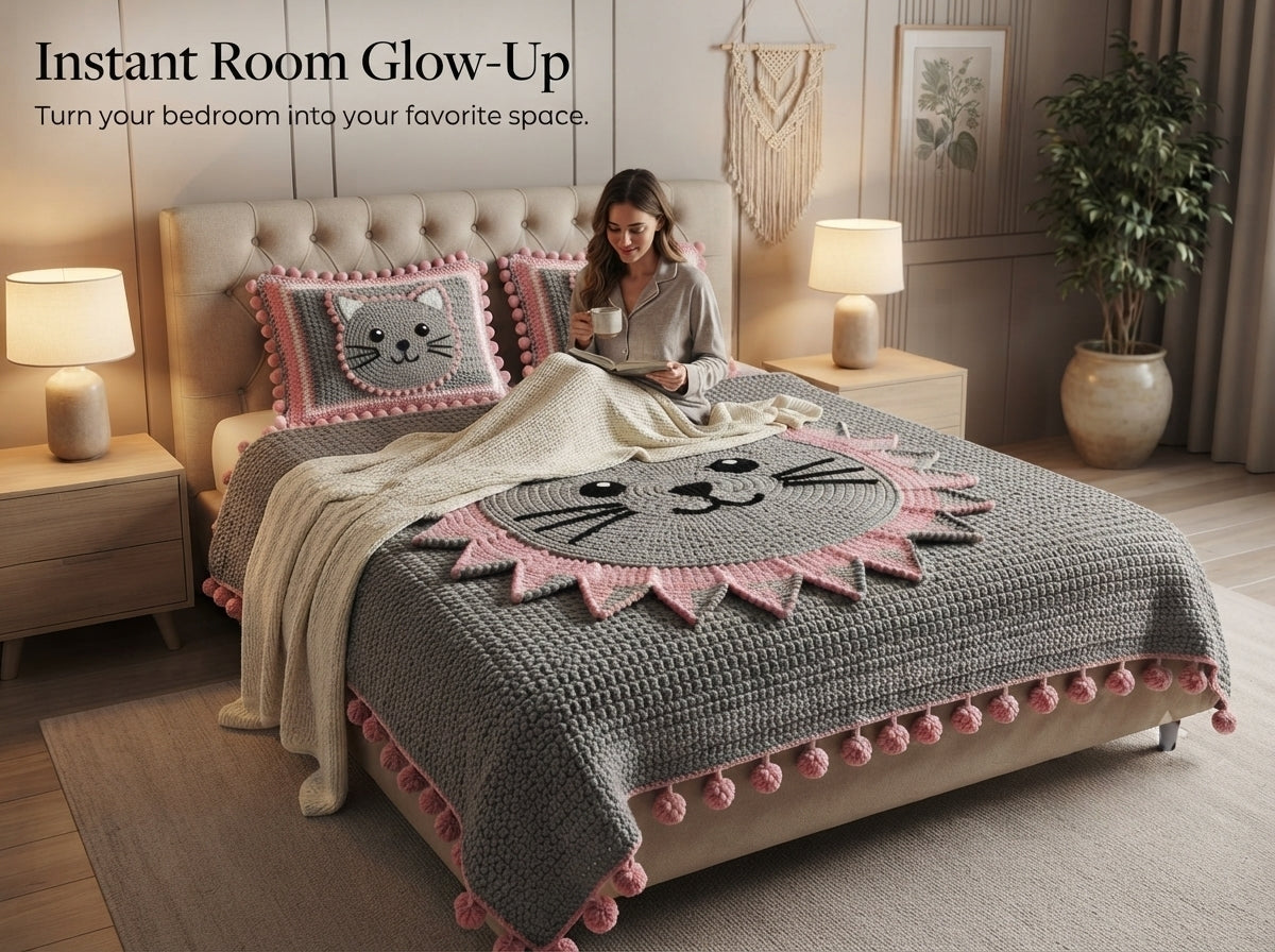 Pink Kitty 280-TC Printed Crochet Paradise Bedsheet Set - (Grey & Pink)