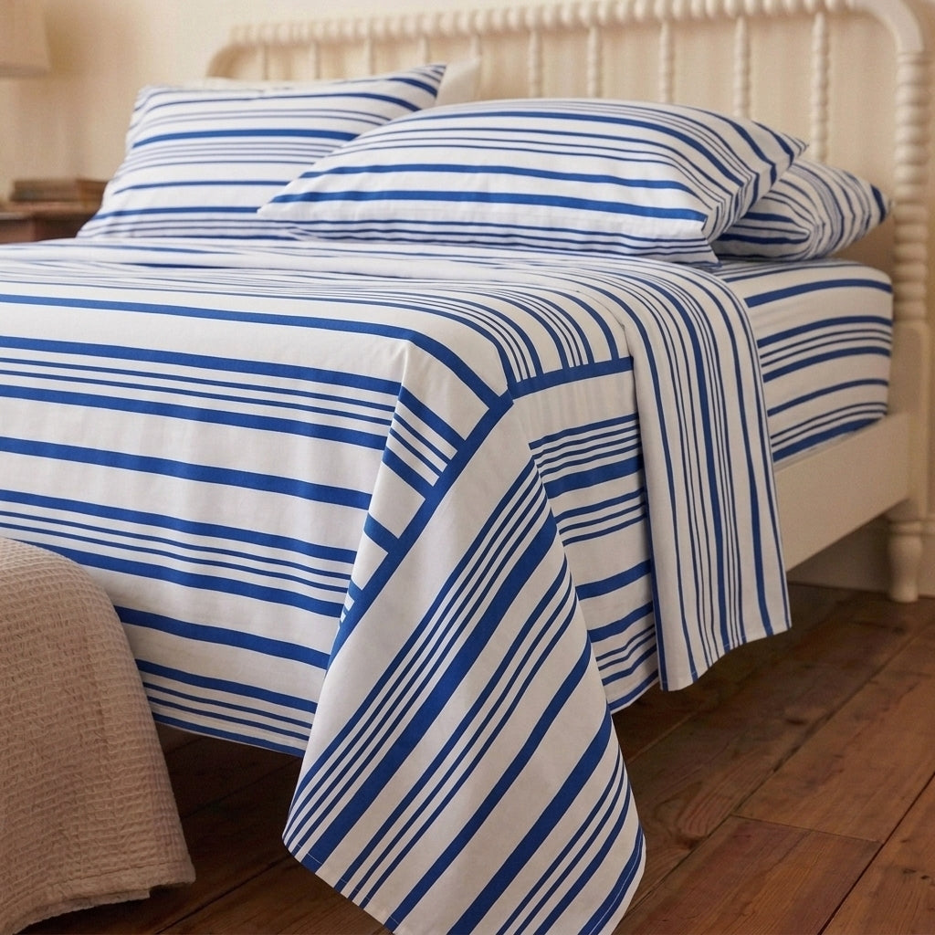 Navy Stripe 320-TC Cherry Gingham Bedsheet (Blue & White)