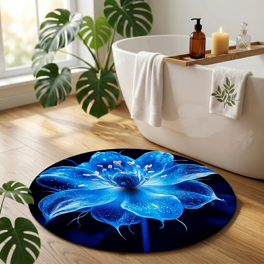 Midnight Bloom Floral Designer Floor Mat (Royal Blue)
