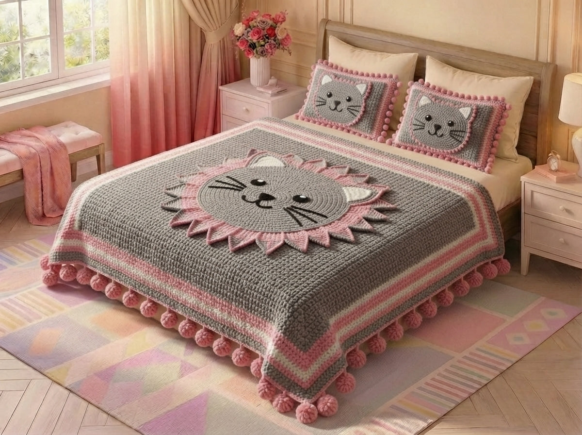 Pink Kitty 280-TC Printed Crochet Paradise Bedsheet Set - (Grey & Pink)