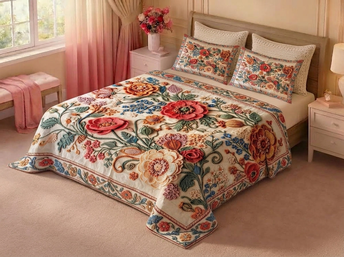 Vintage Floral 280-TC Printed Crochet Paradise Bedsheet Set - (Pastel Multicolor)