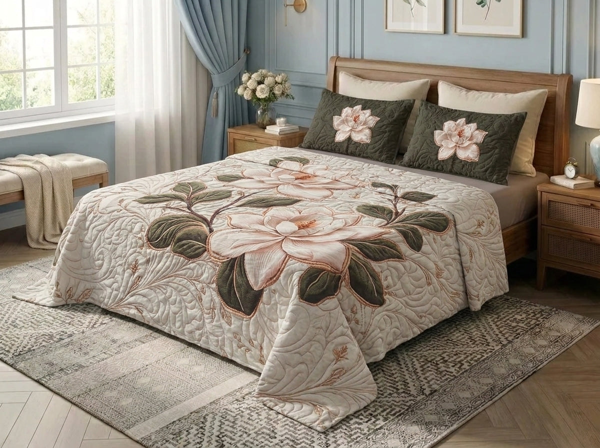 Magnolia Elegance 280-TC 7D Bedsheet Set - (Cream & Olive)