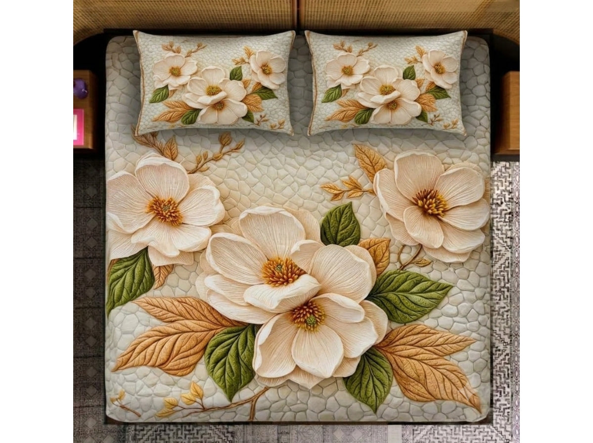 Floral Reverie 280-TC Printed 7D Bedsheet Set – (Cream & Sage)