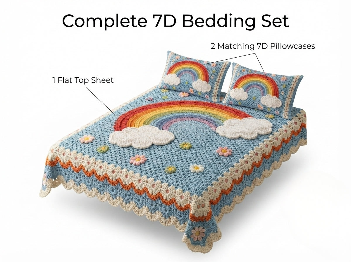 Rainbow Cloud 280-TC Printed Crochet Paradise Bedsheet Set - (Sky Blue)