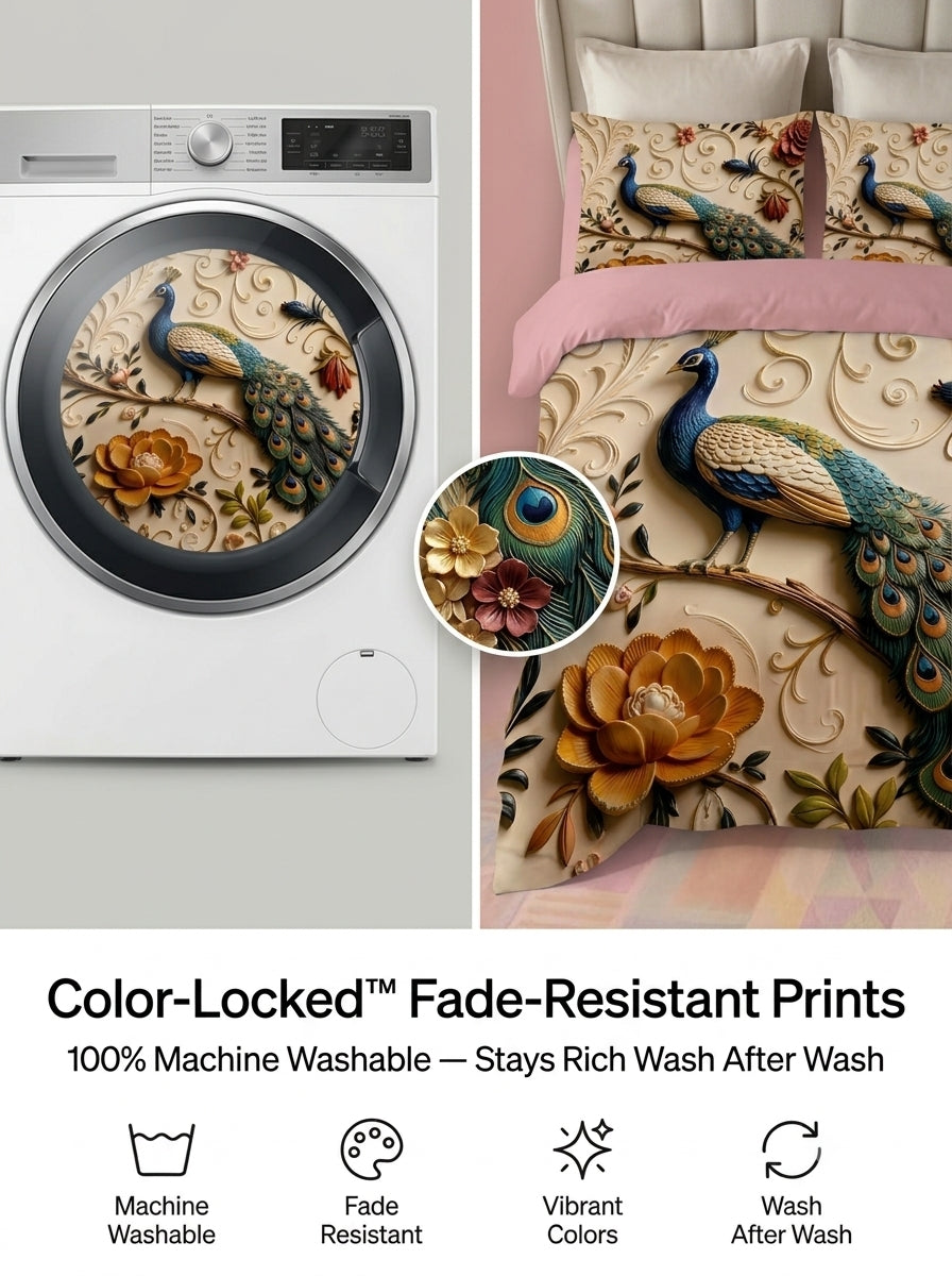 Fairy Tale Peacock 280-TC 7D Bedsheet Set – (pearl ivory)