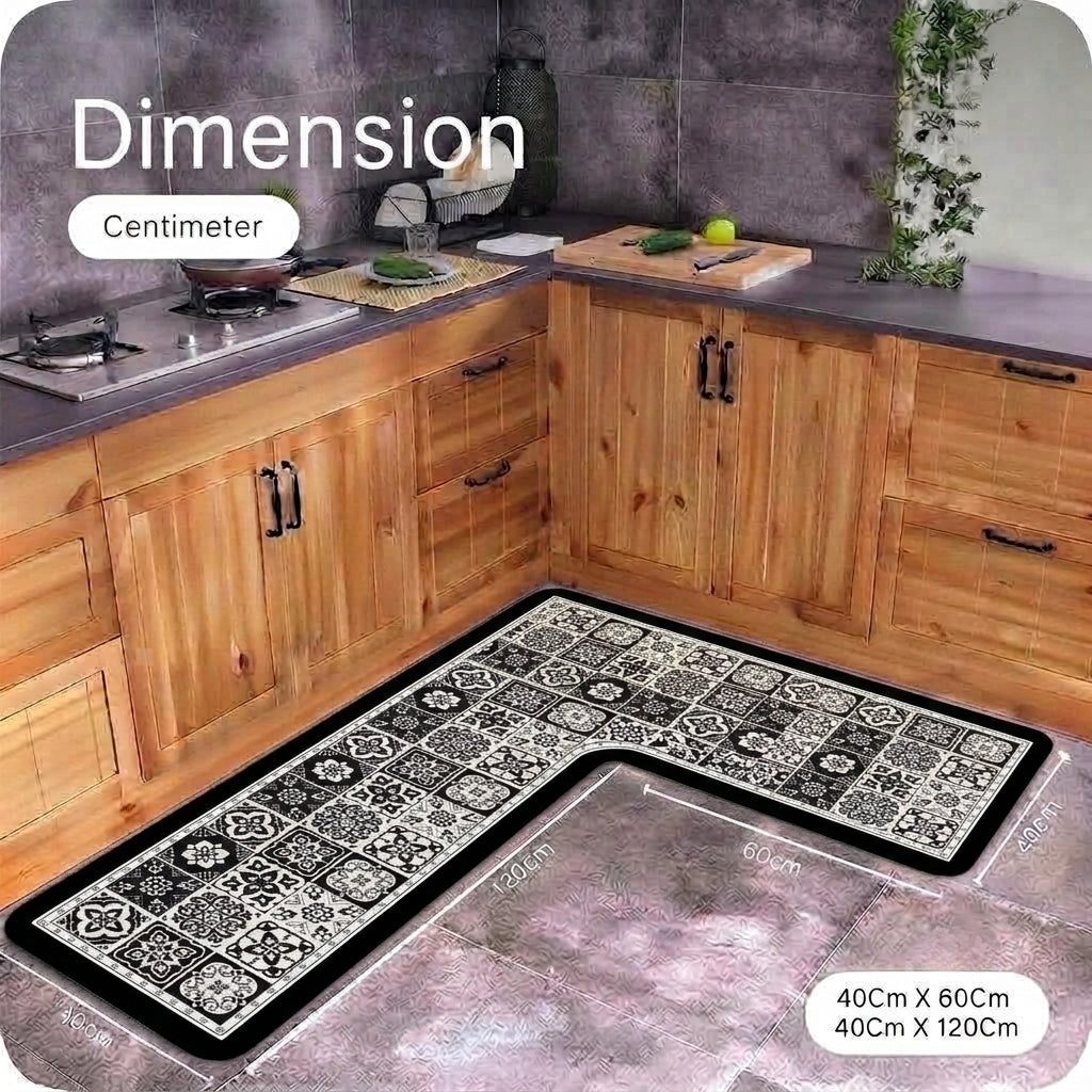 Virasaah Black & White Vintage Tile Designer Floor Mat