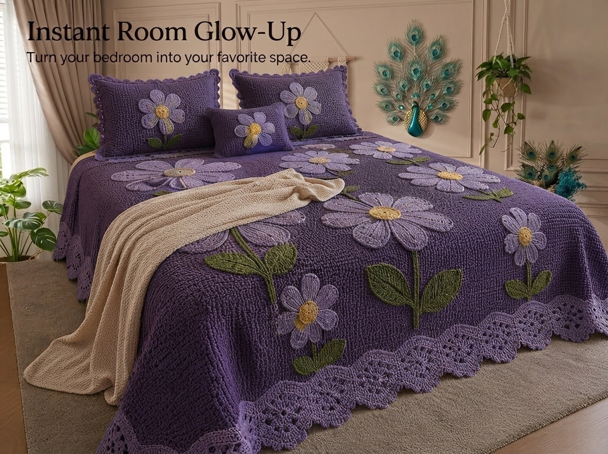 Violet 280-TC Printed Crochet Paradise Bedsheet Set - (Violet)