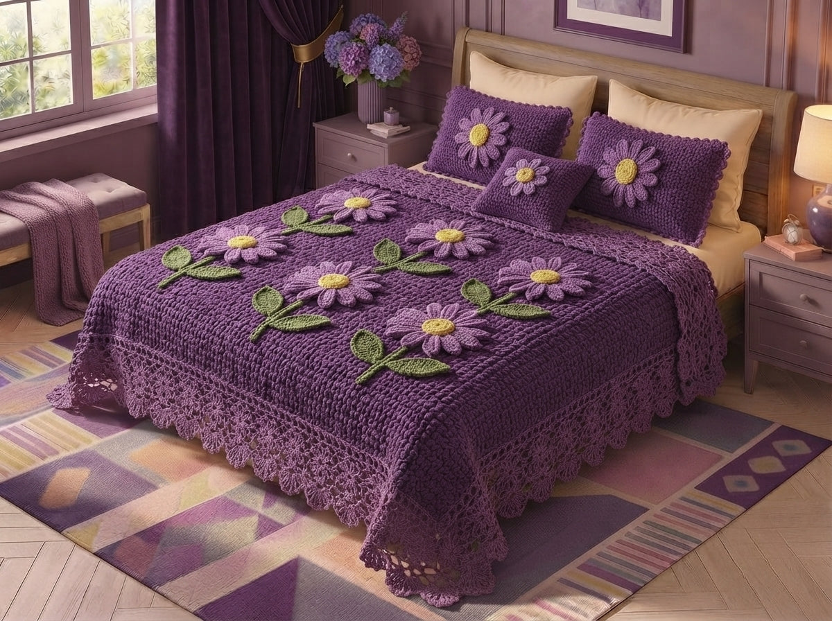 Violet 280-TC Printed Crochet Paradise Bedsheet Set - (Violet)