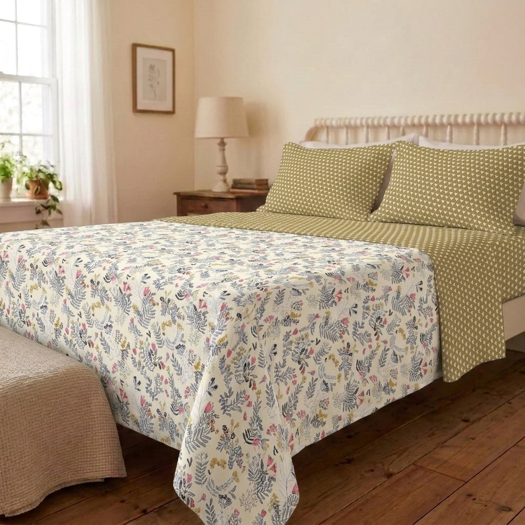Cedar Print Cotton Bedsheet & Comforter Set
