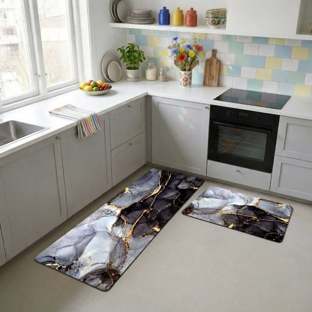 Virasaah Marble Veins Designer Floor Mat (Grey)