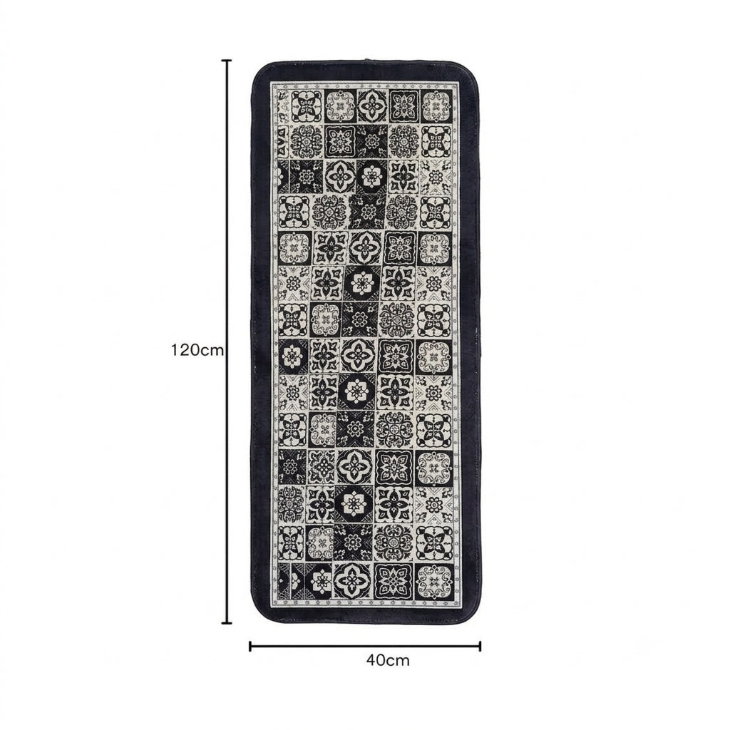 Virasaah Black & White Vintage Tile Designer Floor Mat