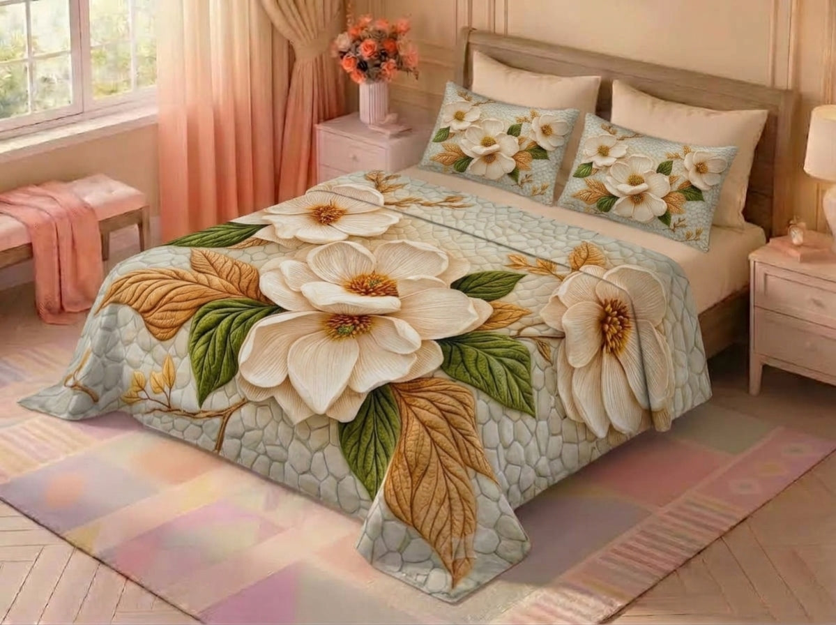 Floral Reverie 280-TC Printed 7D Bedsheet Set – (Cream & Sage)