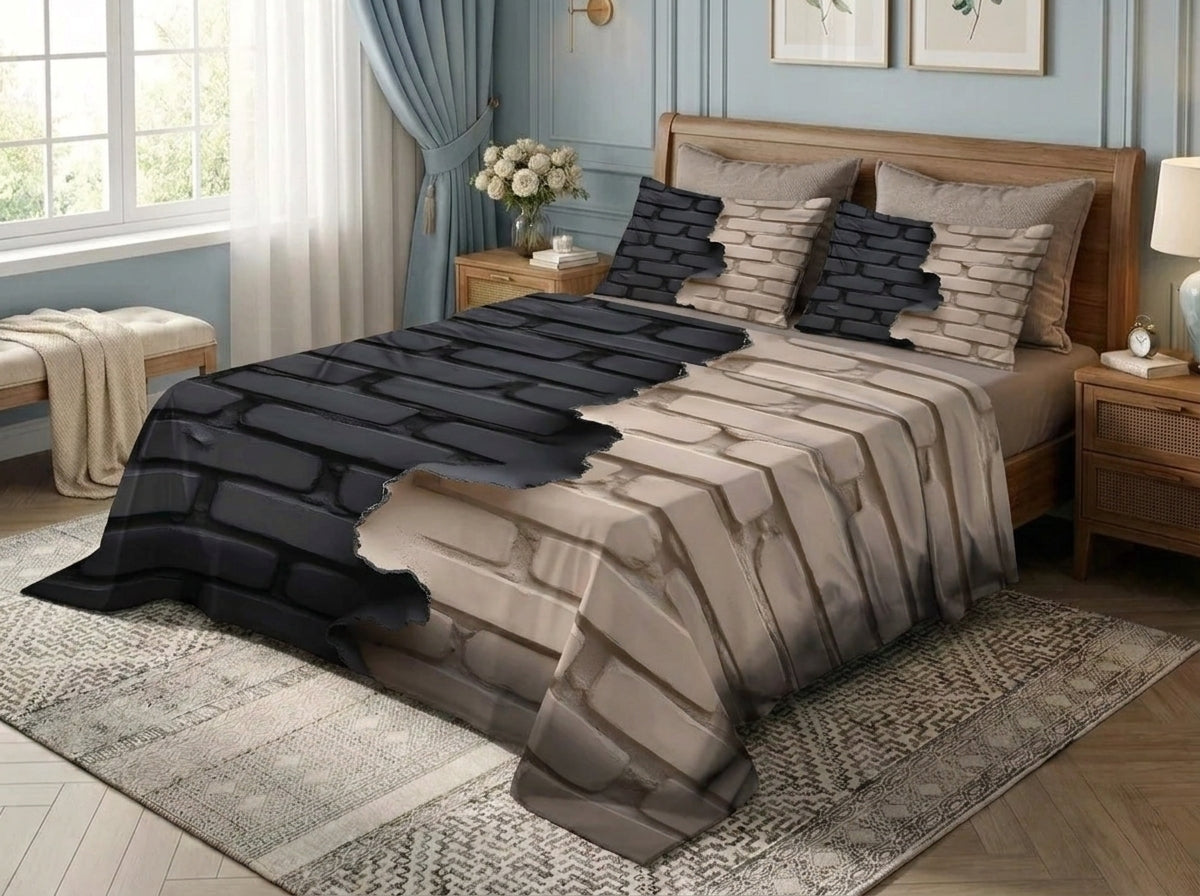 Urban Brickscape 280-TC 7D Bedsheet Set - (Black & Beige)