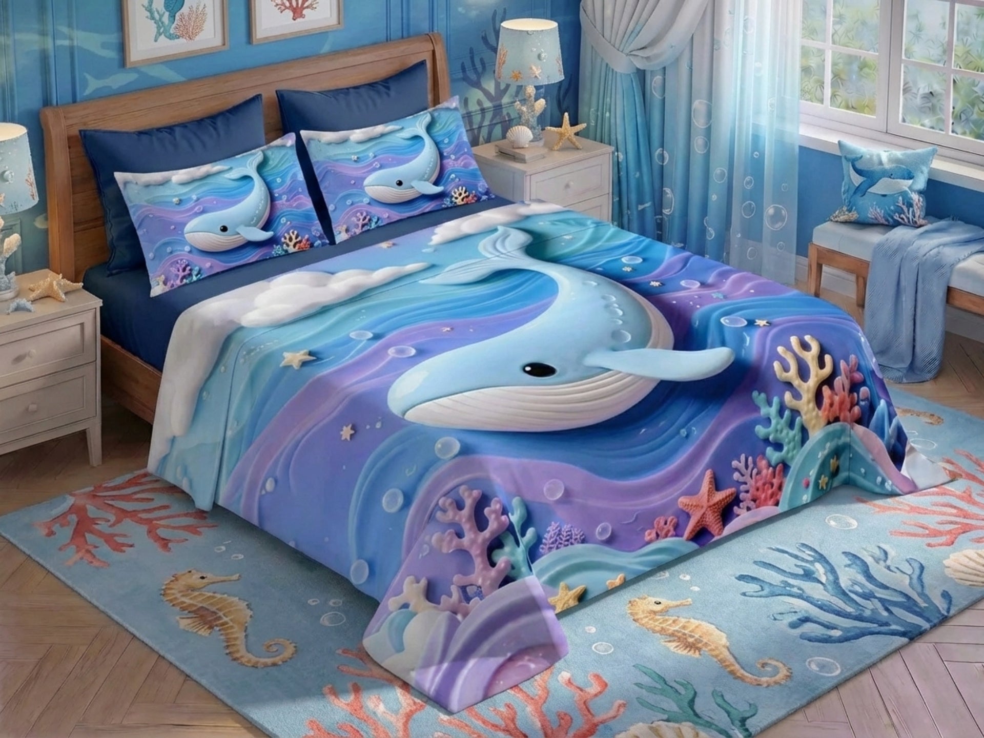 Fairy Tale Blue Whale 7D Bedsheet Set - (Blue)