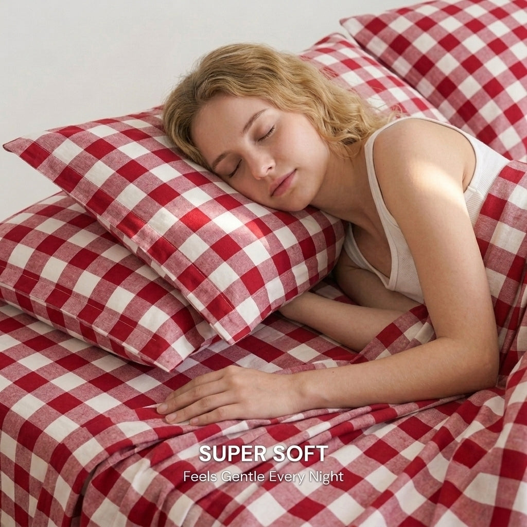Red Cherry 320-TC Cherry Gingham Bedsheet (Red & Ivory)