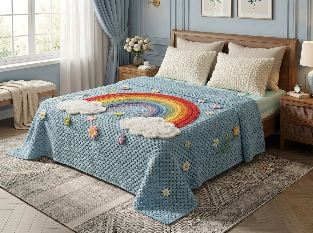 Rainbow Cloud 280-TC Printed Crochet Paradise Bedsheet Set - (Sky Blue)