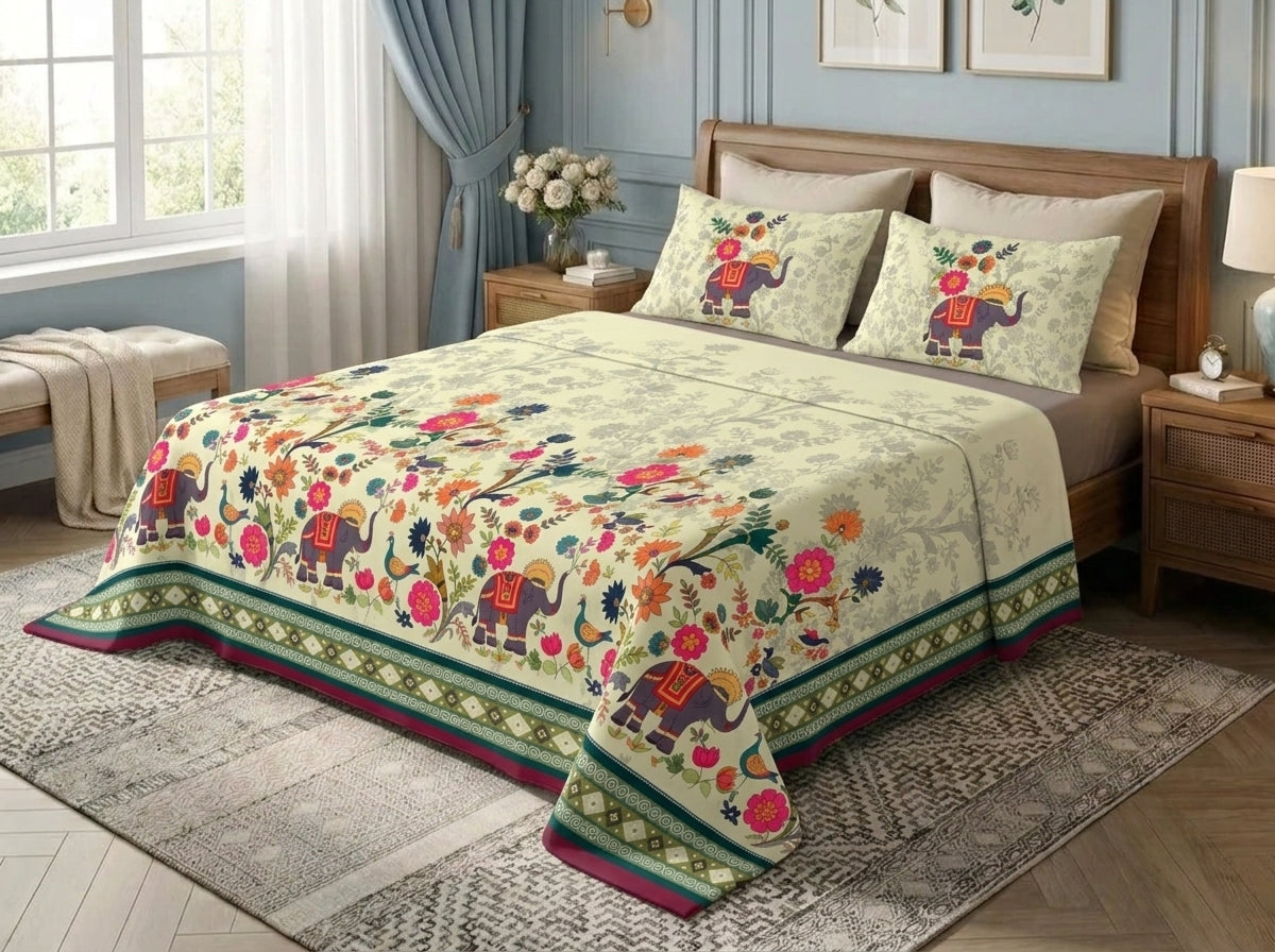 Royal Elephant Garden 280-TC 7D Bedsheet Set - (Multicolor)