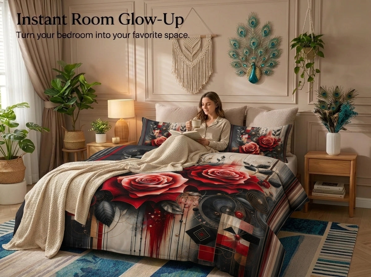 Crimson Rose Fusion 280-TC 7D Bedsheet Set - (Black & Red)