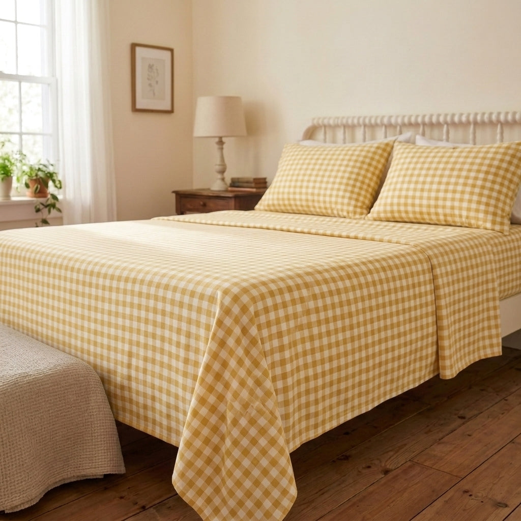 Golden Gingham 320-TC Cherry Gingham Bedsheet (Yellow & Ivory)