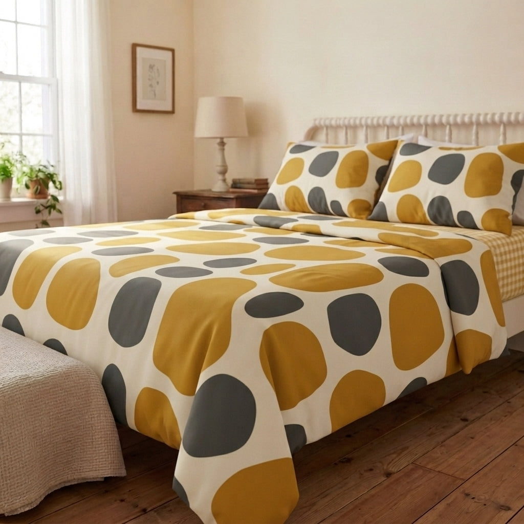 Mustard Pebble 320-TC Cherry Gingham Bedsheet (Yellow & Grey)