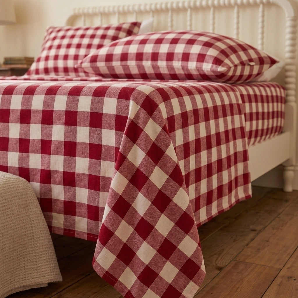Red Cherry 320-TC Cherry Gingham Bedsheet (Red & Ivory)
