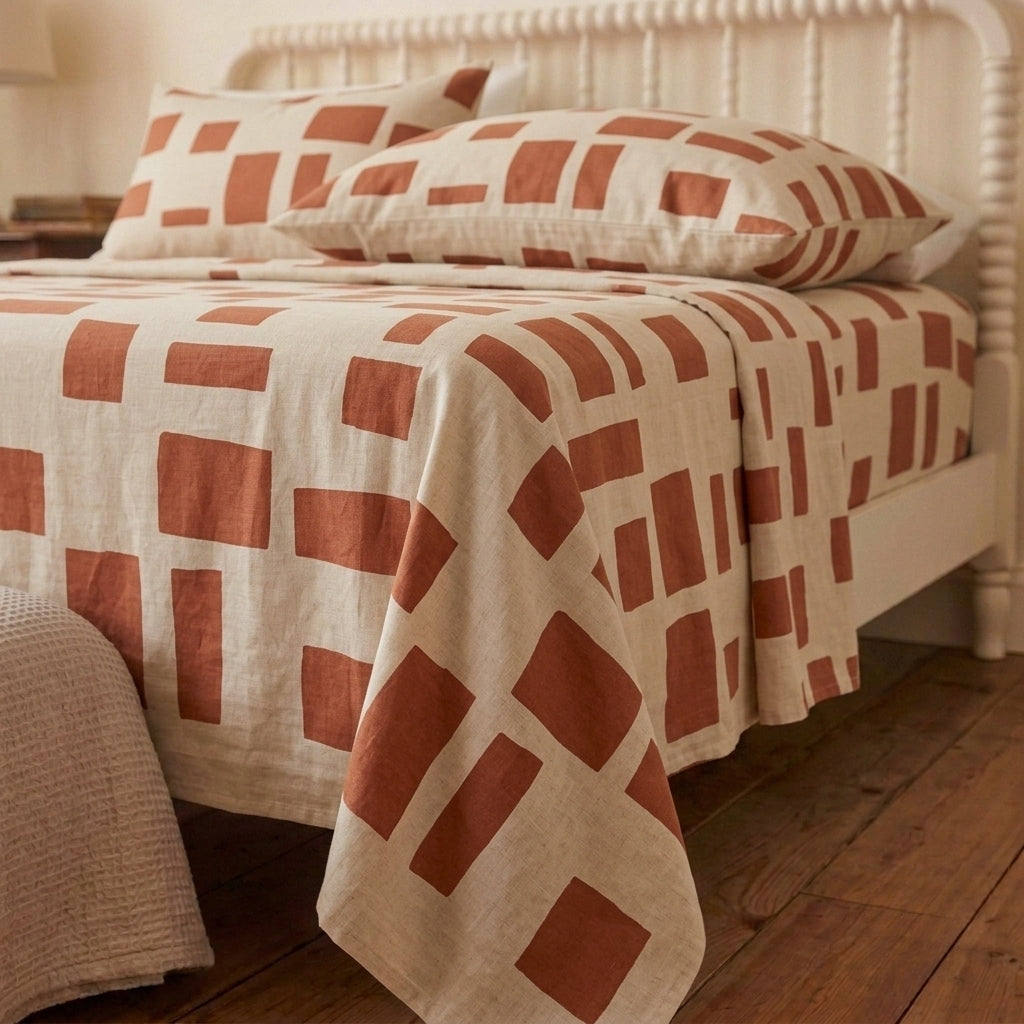 Terracotta Pebble 320-TC Cherry Gingham Bedsheet (Rust & Ivory)