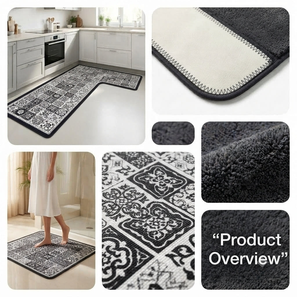 Virasaah Black & White Vintage Tile Designer Floor Mat