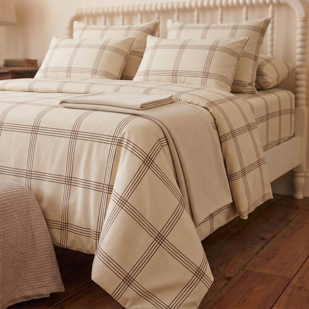 Taupe Check 320-TC Cherry Gingham Bedsheet (Beige & Ivory)