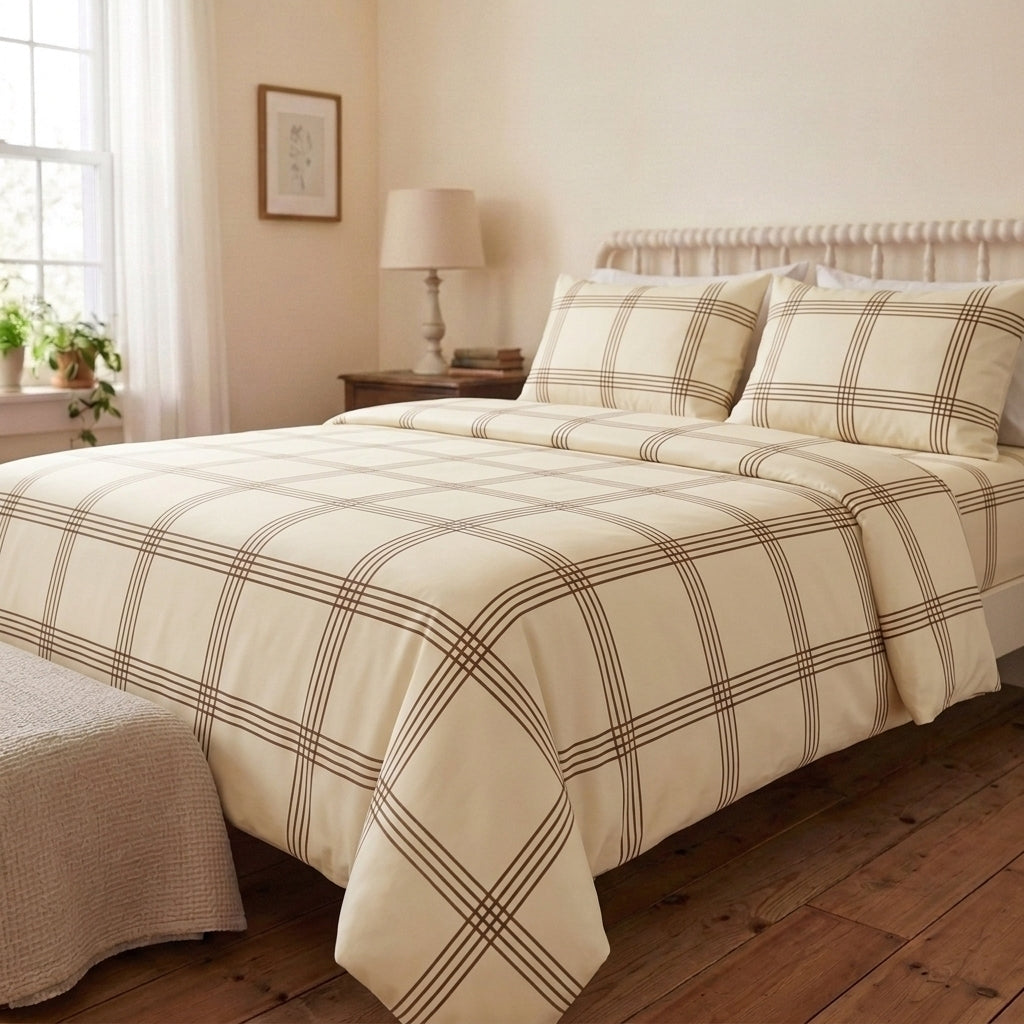Taupe Check 320-TC Cherry Gingham Bedsheet (Beige & Ivory)