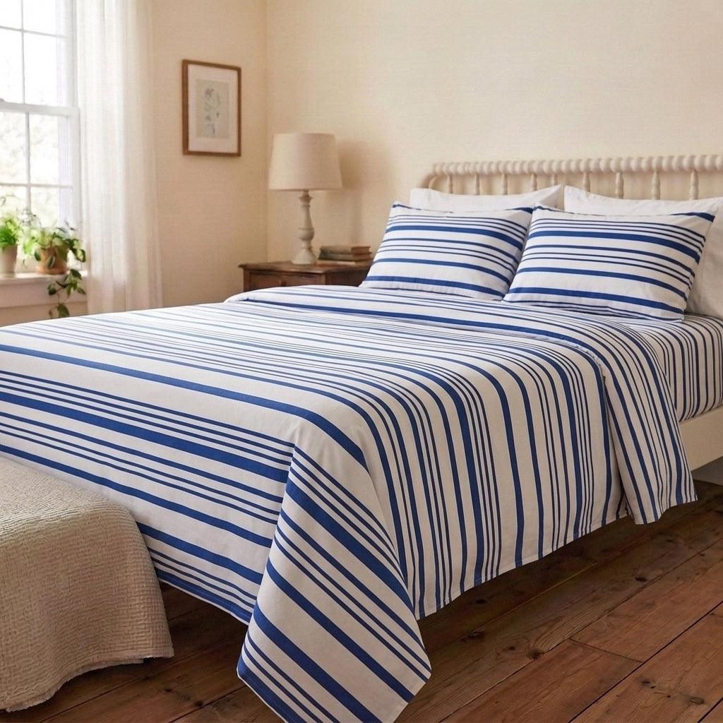 Navy Stripe 320-TC Cherry Gingham Bedsheet (Blue & White)