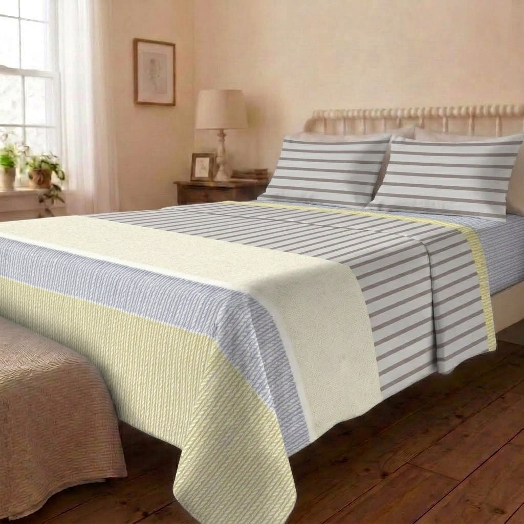 Linen Stripe Cotton Bedsheet & Comforter Set