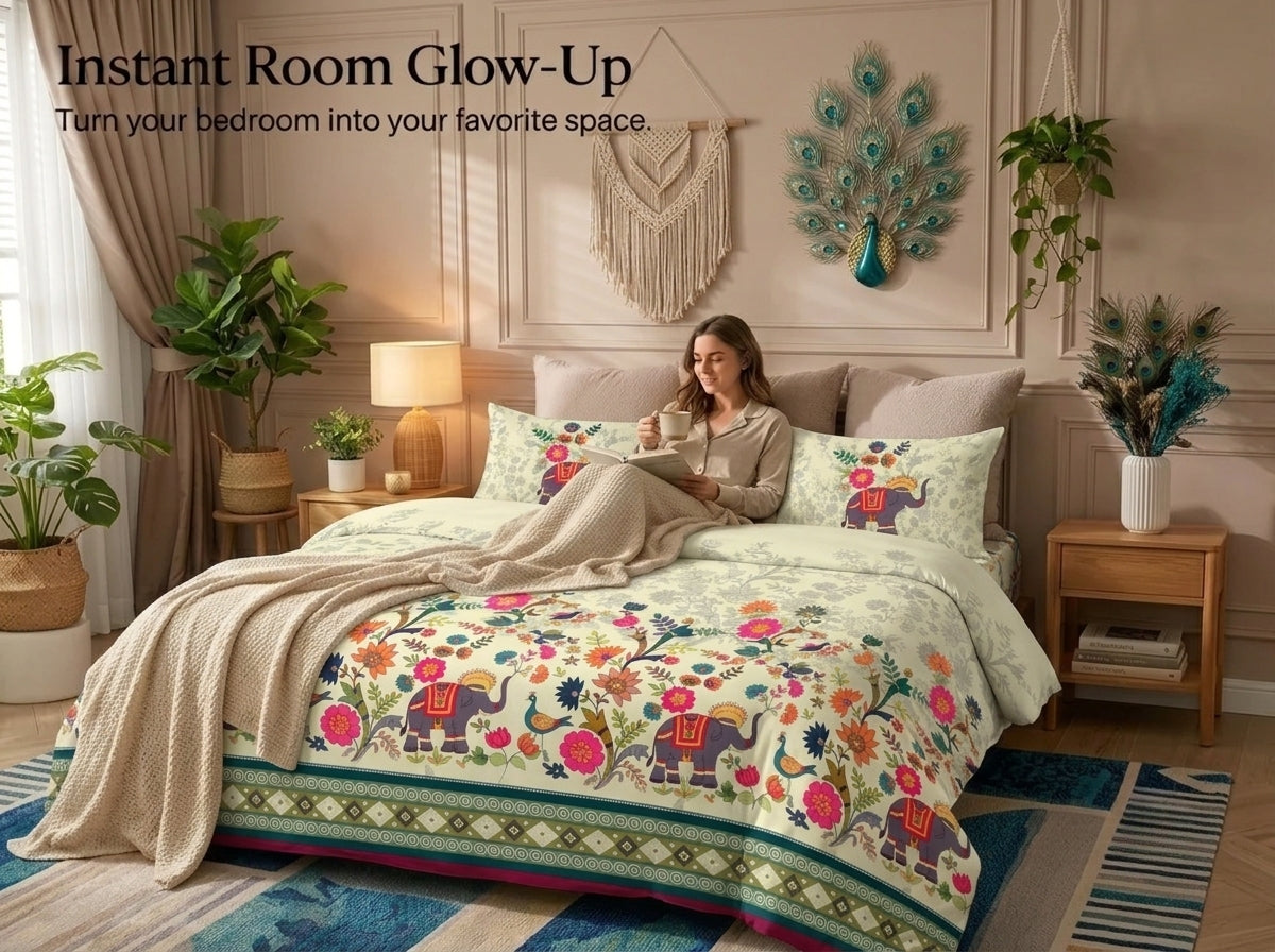 Royal Elephant Garden 280-TC 7D Bedsheet Set - (Multicolor)
