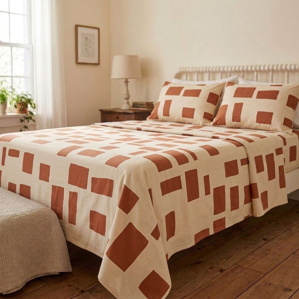 Terracotta Pebble 320-TC Cherry Gingham Bedsheet (Rust & Ivory)