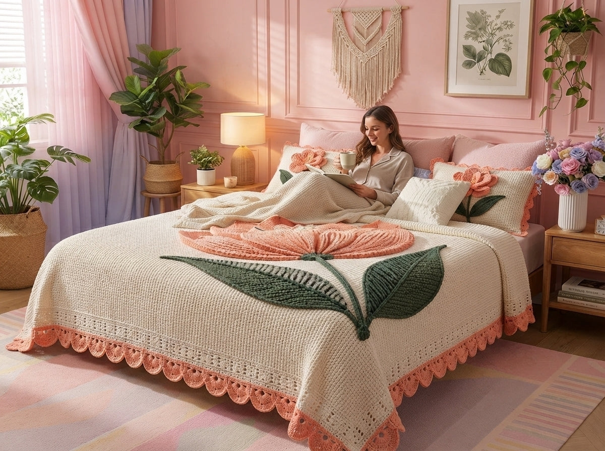 Blush Tulip 280-TC Printed Crochet Paradise Bedsheet Set - (Pink & White)