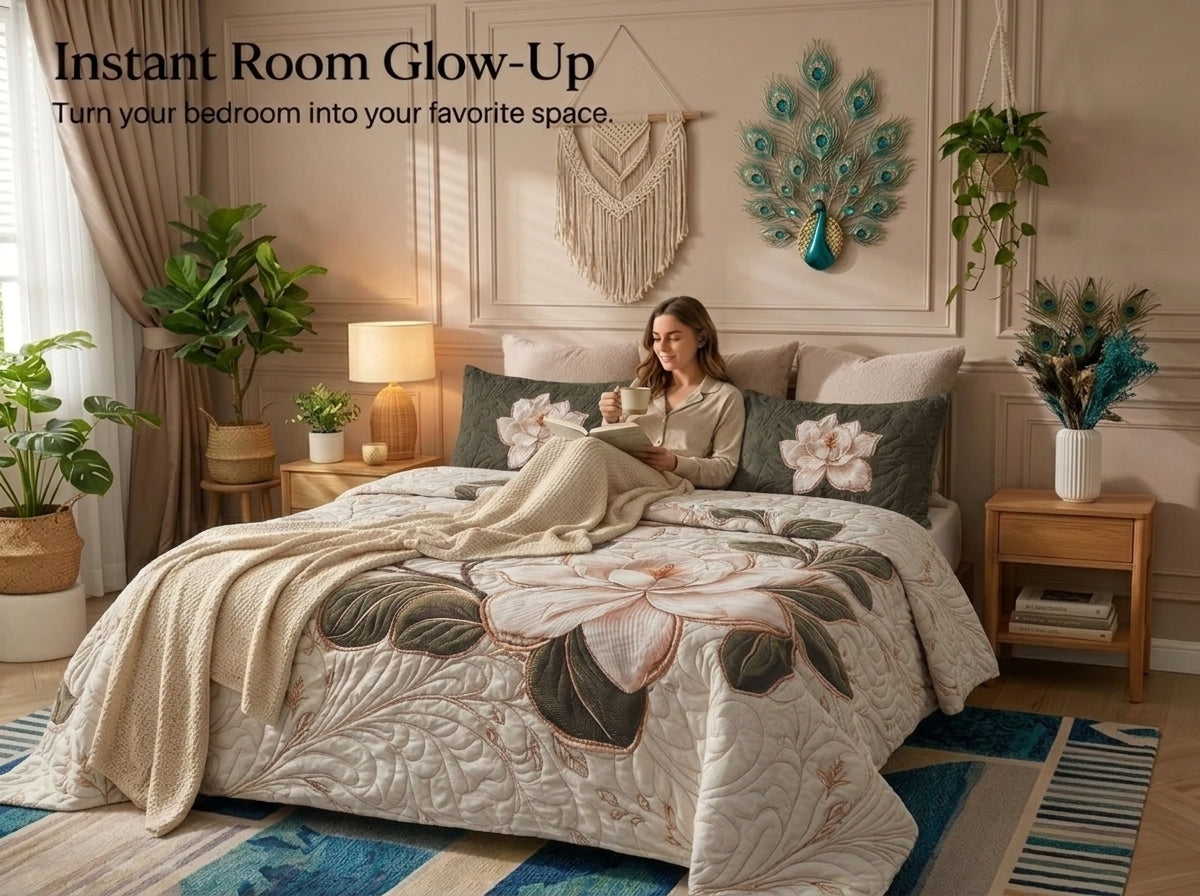 Magnolia Elegance 280-TC 7D Bedsheet Set - (Cream & Olive)