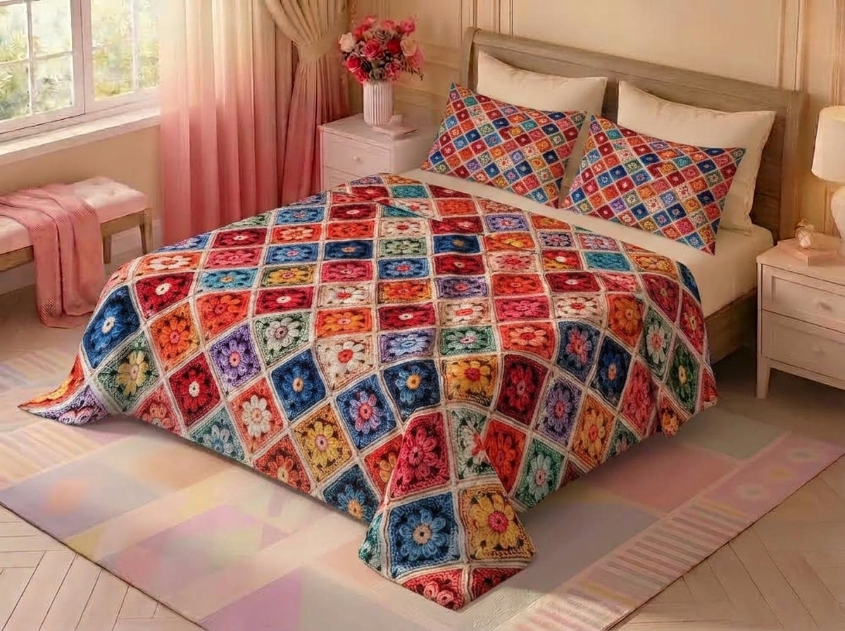 Multicolor Floral 280-TC Printed Crochet Paradise Bedsheet Set - (Multi)