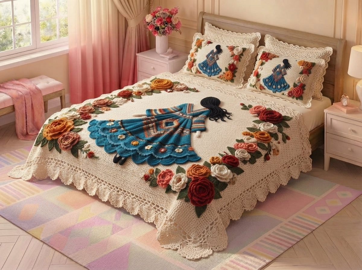 Doll Garden 280-TC Printed Crochet Paradise Bedsheet Set - (Multicolor)