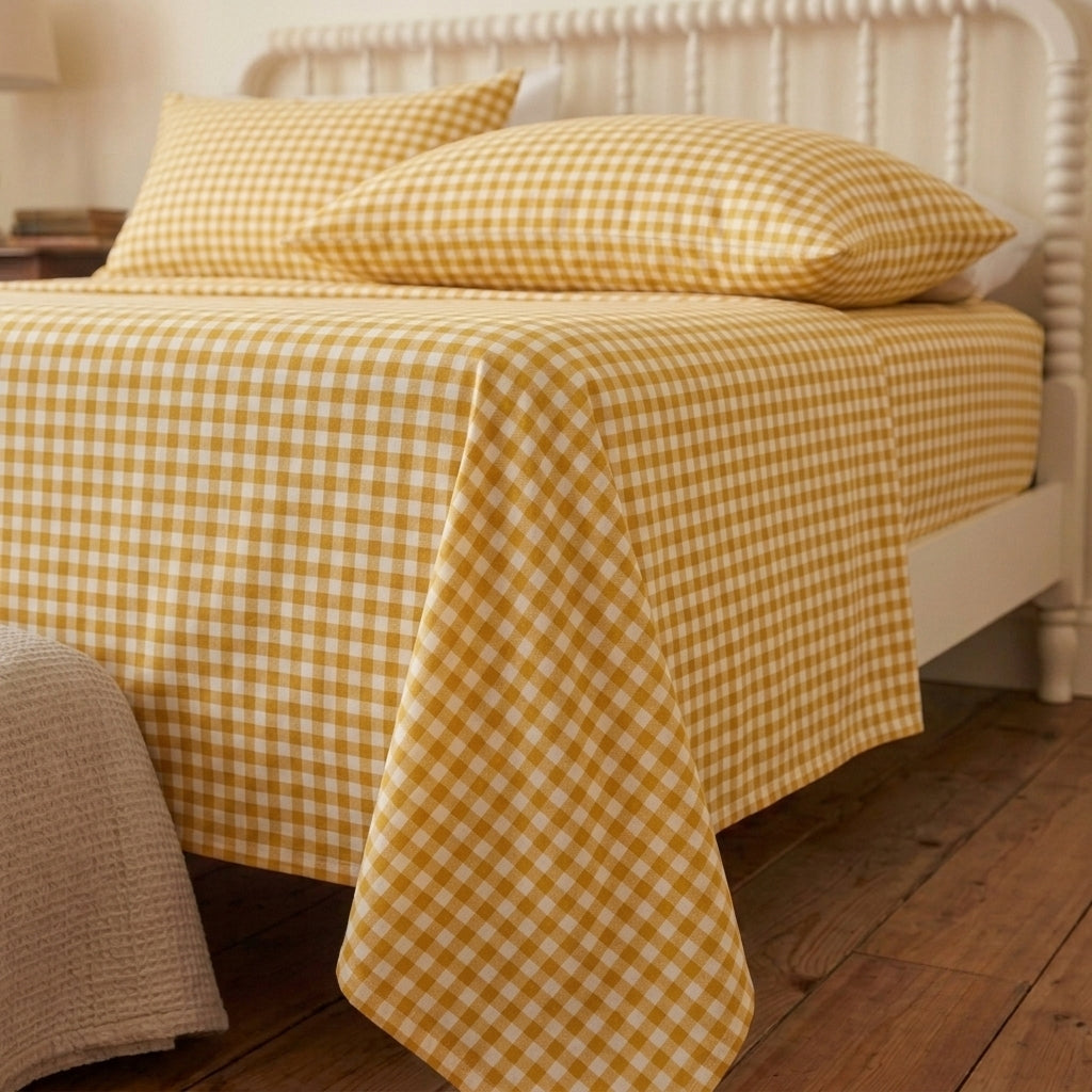 Golden Gingham 320-TC Cherry Gingham Bedsheet (Yellow & Ivory)