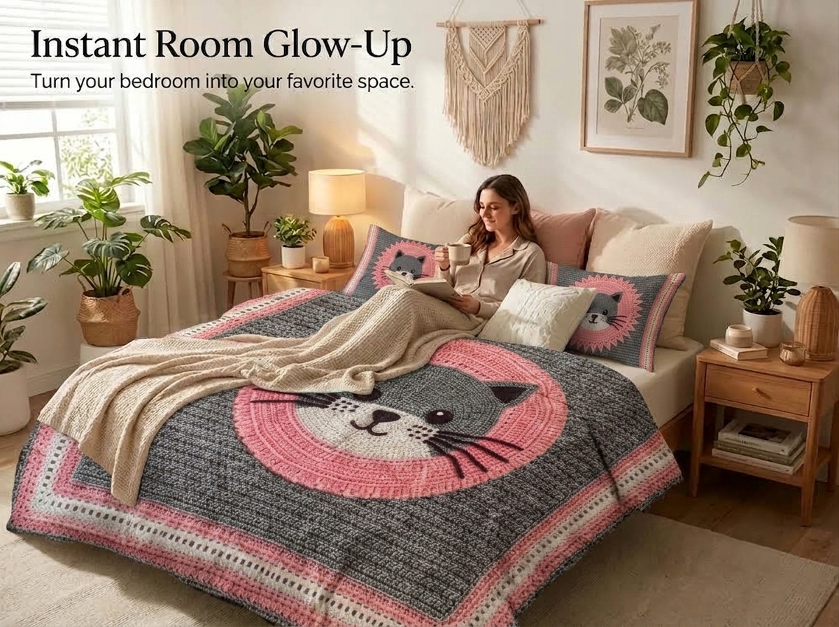 Pink Kitty 280-TC Printed Paradise Bedsheet Set - (Grey & Pink)