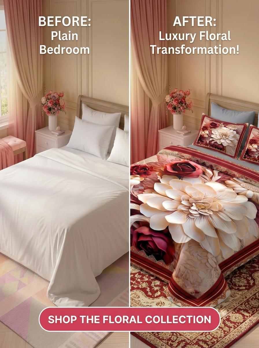 7D Royal Blossom Bliss 280-TC Premium king Size Bedsheet (Red-Cream)