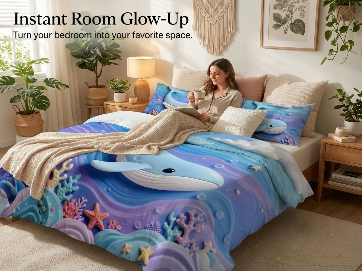 Fairy Tale Blue Whale 280-TC 7D Bedsheet Set - (Blue)