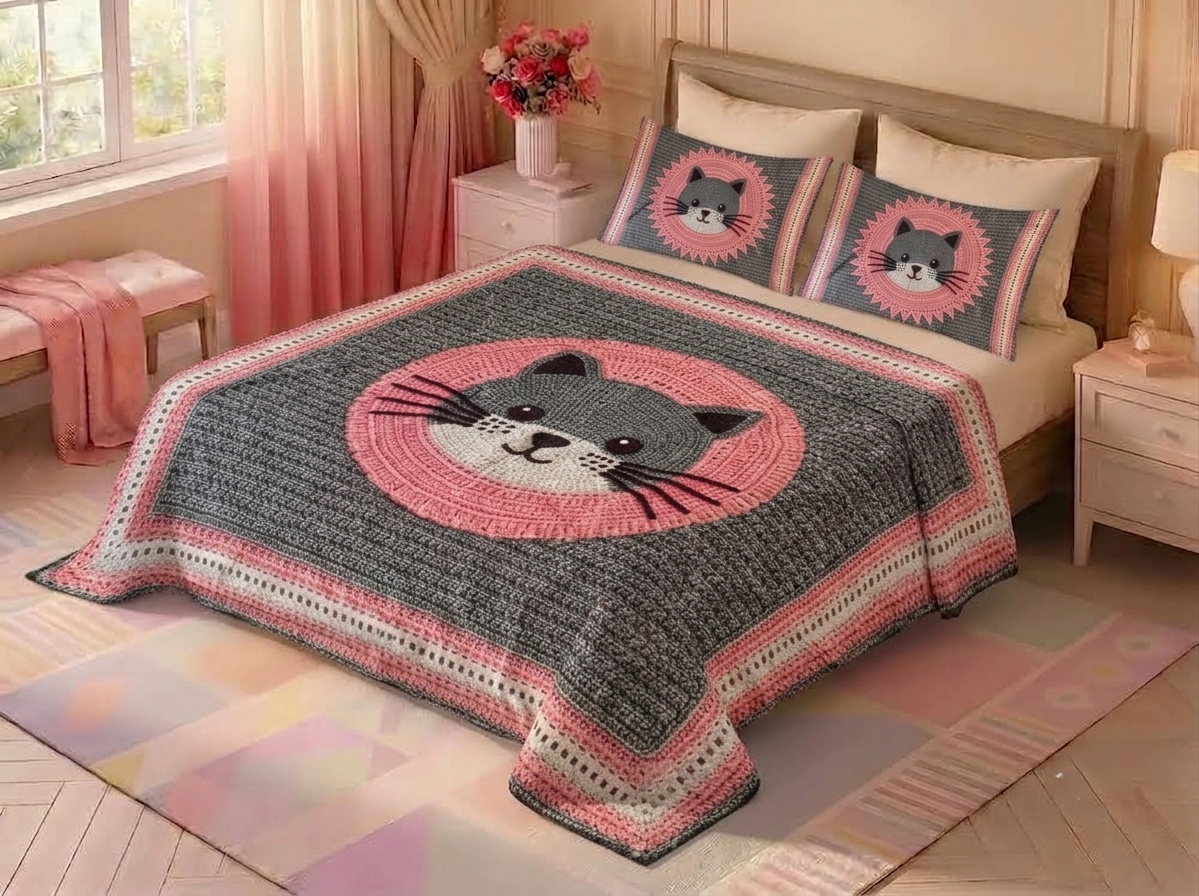Pink Kitty 280-TC Printed Paradise Bedsheet Set - (Grey & Pink)