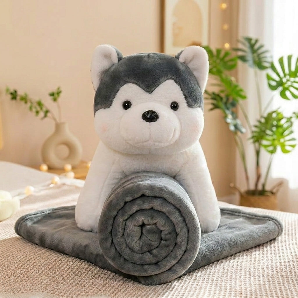 Husky 3 in 1 Kids Blanket, Pillow & Soft Toy (Gray)