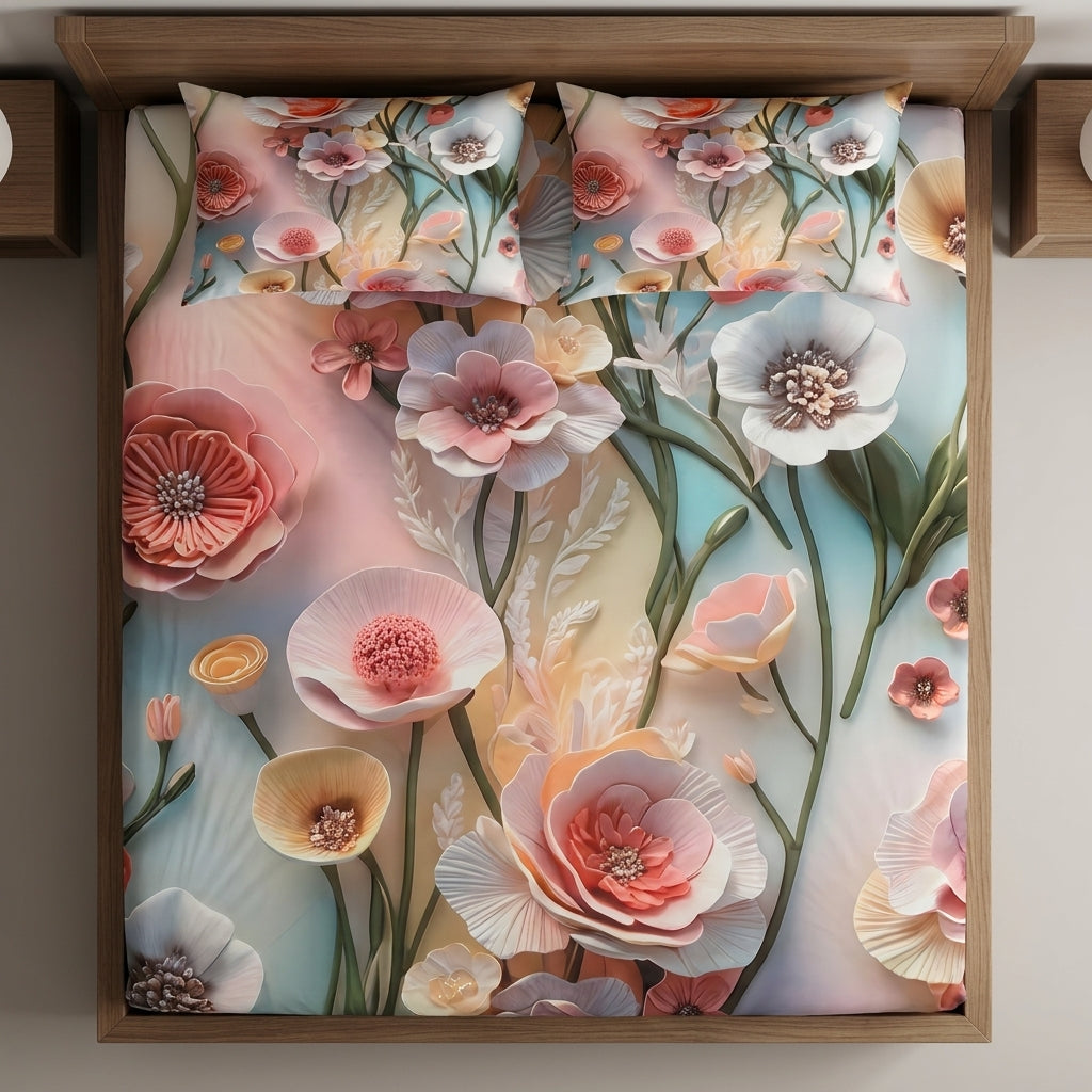 Fairy Tale Rose Mist 7D Bedsheet Set - (Ivory)