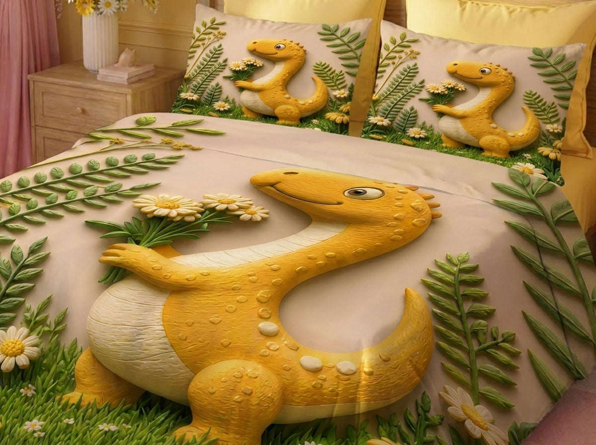 Fairy Tale Dino Bloom 7D Bedsheet Set – (Sage Green)