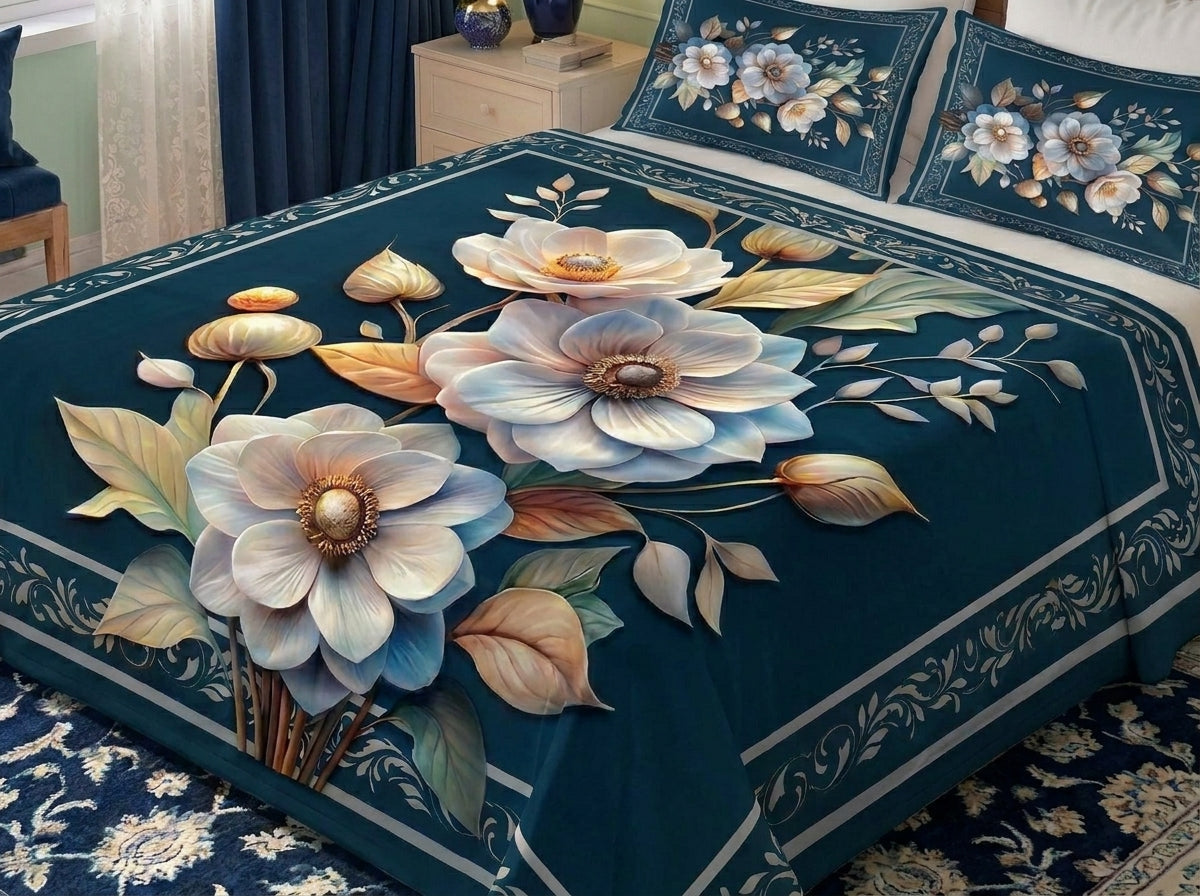 Fairy Tale Midnight Flower 7D Bedsheet Set – (Navy)