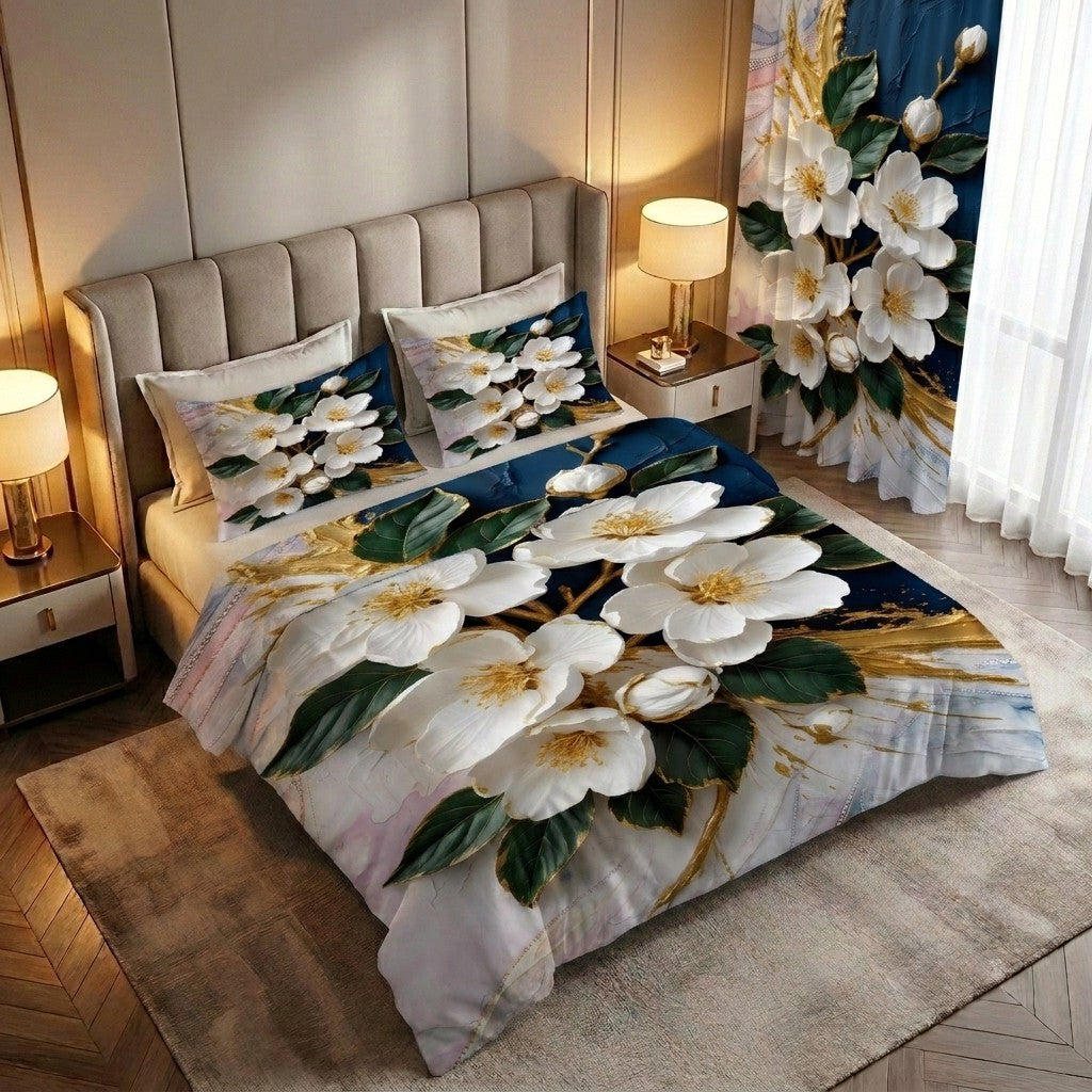 White Orchid 7D Bedsheet & Curtain Combo Set