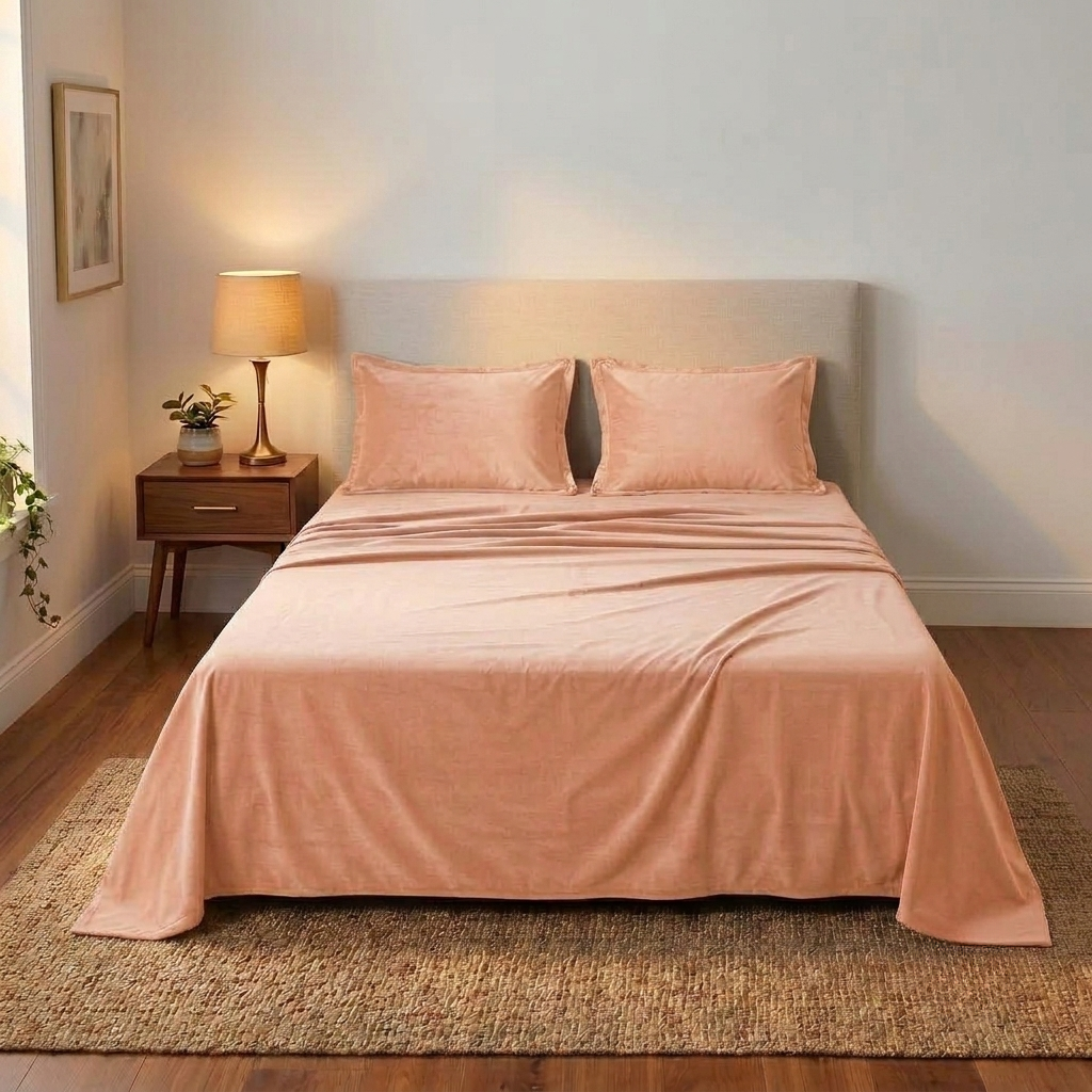 Peach Glow Velvet Winter Bedsheet (Light Peach)