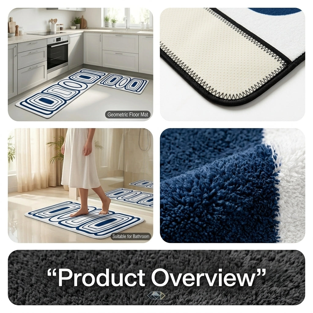 Virasaah Navy Grid Designer Floor Mat (Blue & White)